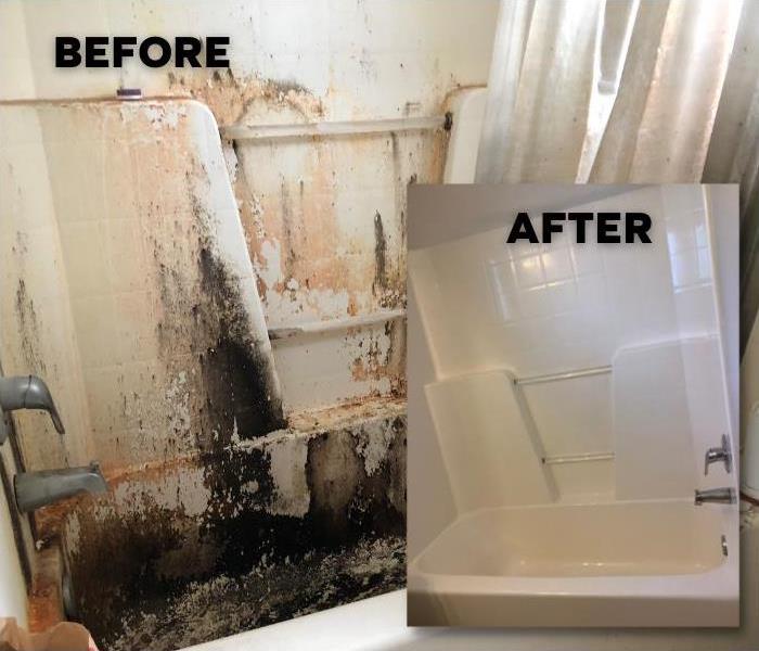 Before and after photo of a tub with extensive mold damage