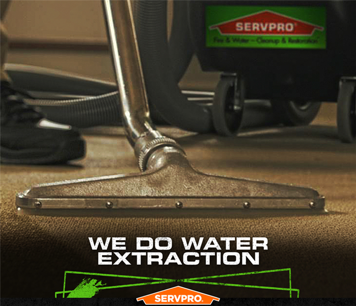 SERVPRO tech extracting water from carpet with the caption: WE DO WATER EXTRACTION